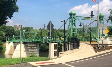 One of the few remaining multi-span, highway suspension bridges with continuous cables in Riegelsville, PA.