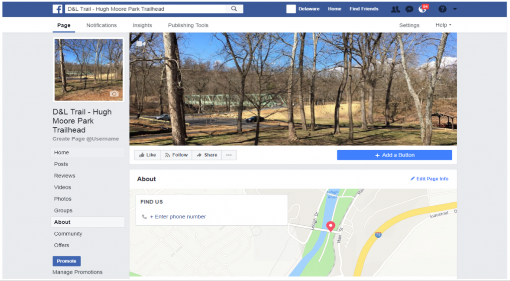 A screenshot of the new Hugh Moore Park Trailhead Facebook page.