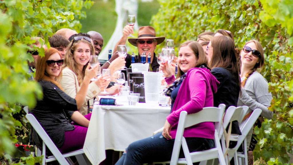 A group of people sitting at a table holding wine glasses surrounded by grape vines