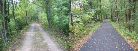 A before and after shot of trail resurfacing in Weissport.